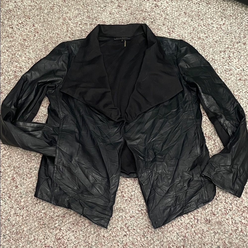 Donna Karan Leather asymmetrical hem black collared Jacket